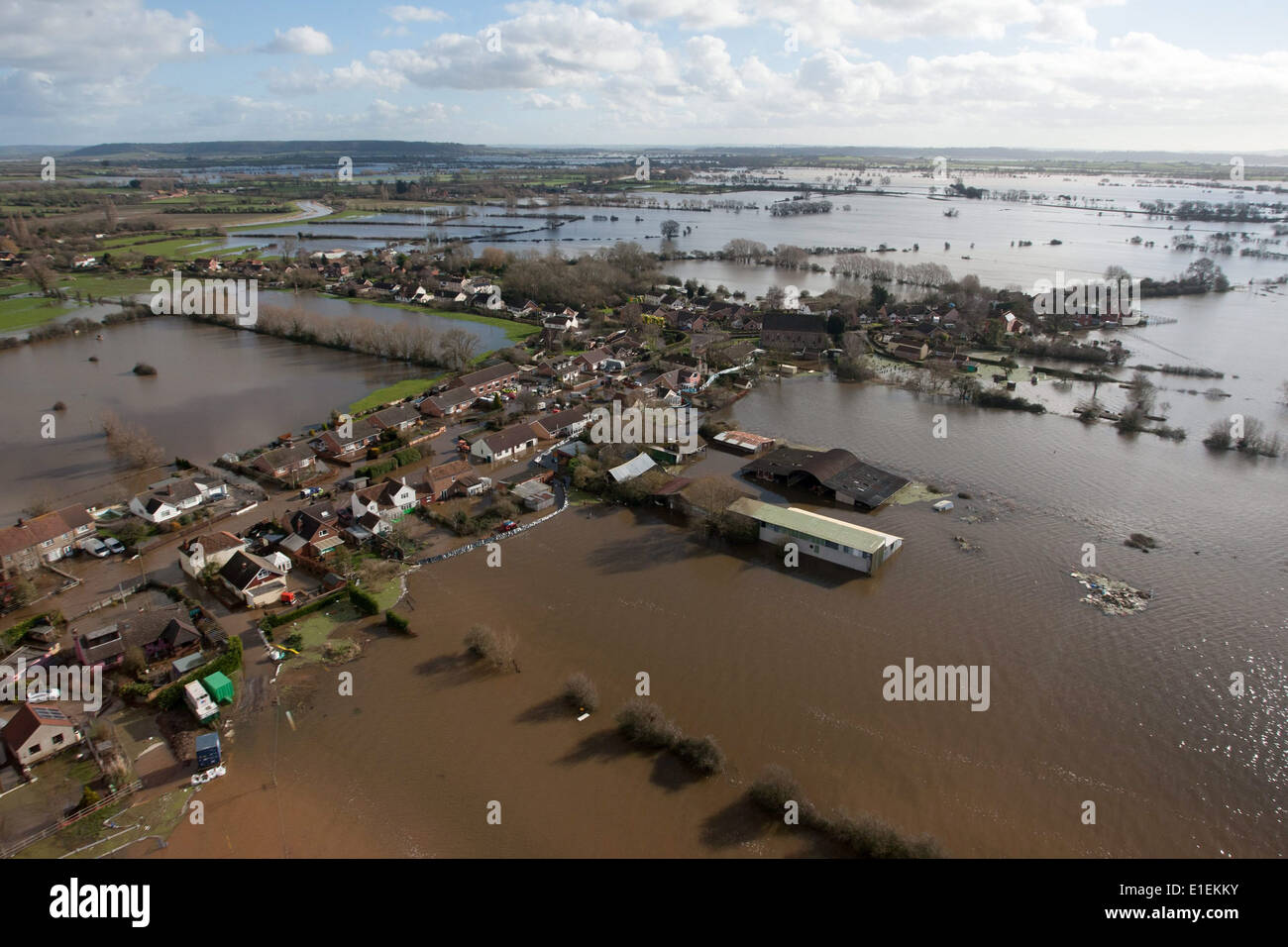 Aerial view of the flooded village of Moorland on the Somerset levels
