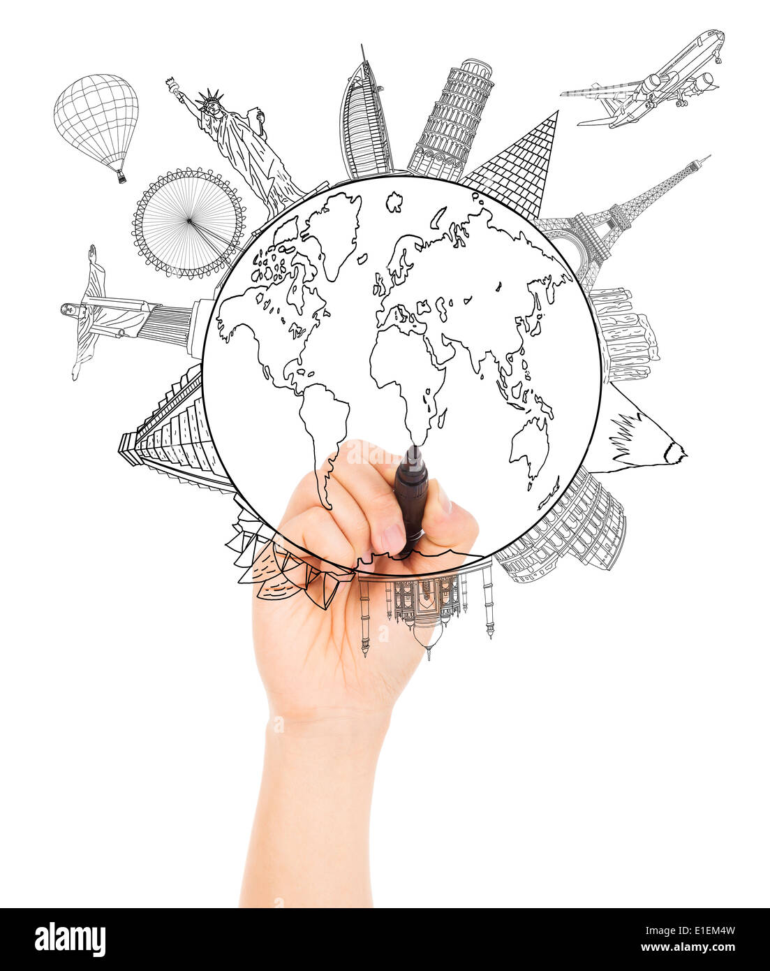hand sketching the Earth and Global map with landmark Stock Photo