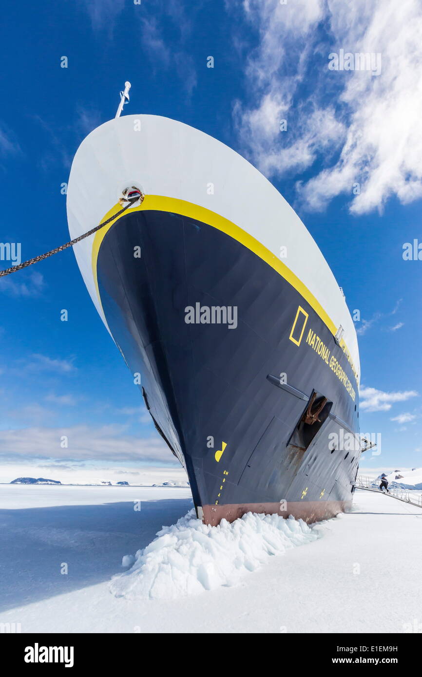 The Lindblad Expeditions ship National Geographic Explorer wedged into fast ice, Duse Bay, Weddell Sea, Antarctica Stock Photo