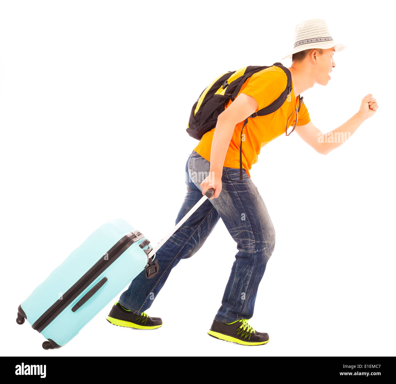 young backpacker running happily to travel worldwide Stock Photo