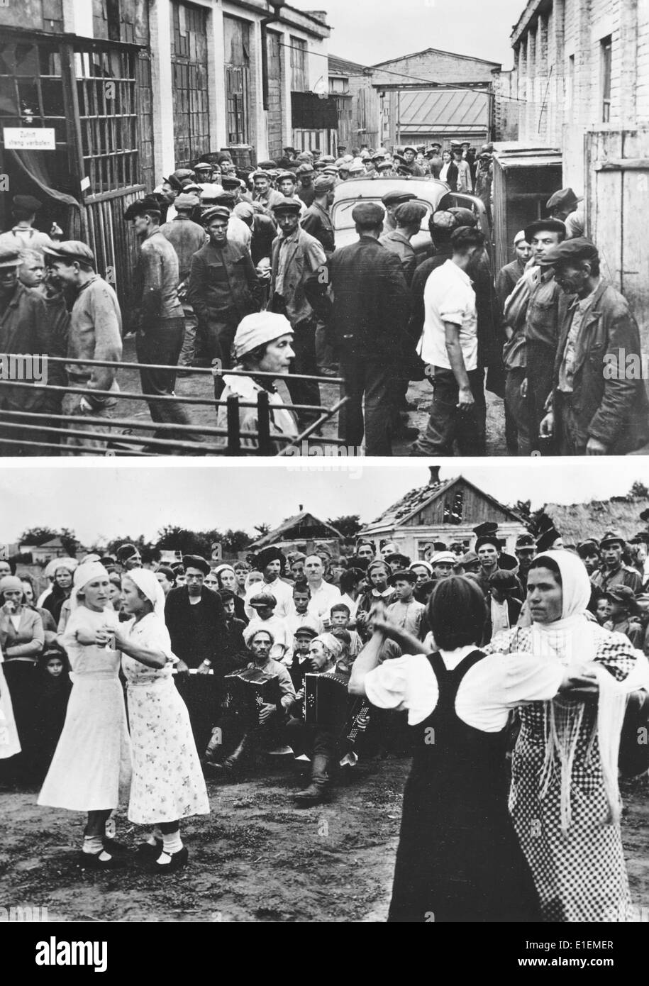 Propaganda text! from Nazi news reporting on the back of the picture: 'The Eastern territories celebrate their liberation from the Bolshevik yoke. On the occasion of the second anniversary of the entry into the war with the Soviet Union, the Russian population in the Eastern territories occupied by German troops received a day off work. While, as the picture on top shows, company roll-calls were held in the factories, in which the gratitude of the Russian population for the liberation from the Bolshevik oppressors was expressed, the rural population celebrated the day with games and dances (Bo Stock Photo