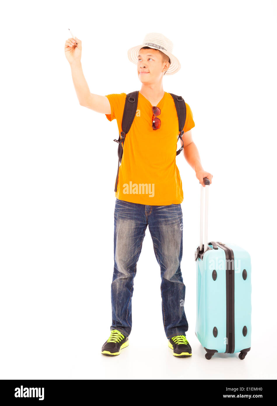 happy young man standing and raise a hand to draw Stock Photo