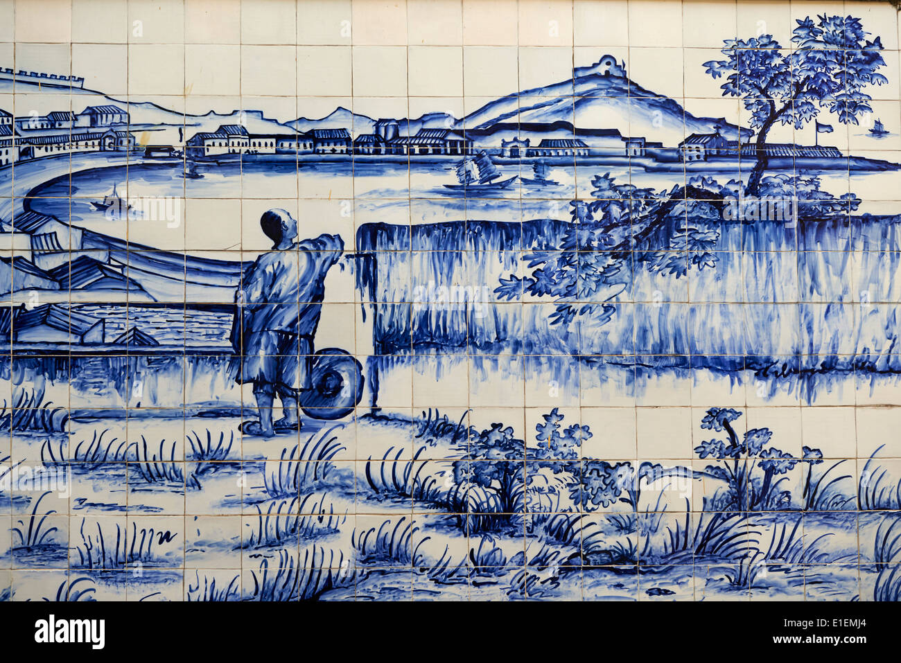 China, Macau, Tiles on the Traversa do Meio, Praia Grande from Bom Parto Fort, from Georges Chinnery, 1835 Stock Photo