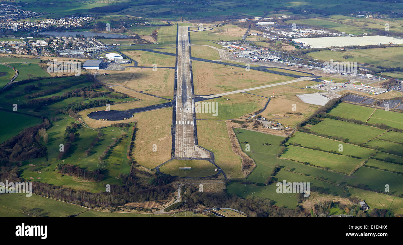 Leeds Bradford Airport, a pilots eye view from the air, showing the main runway, Yorkshire, England, UK Stock Photo