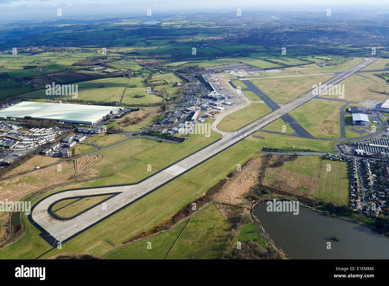 Leeds Bradford Airport, a pilots eye view from the air, showing the main runway, Yorkshire, England, UK Stock Photo