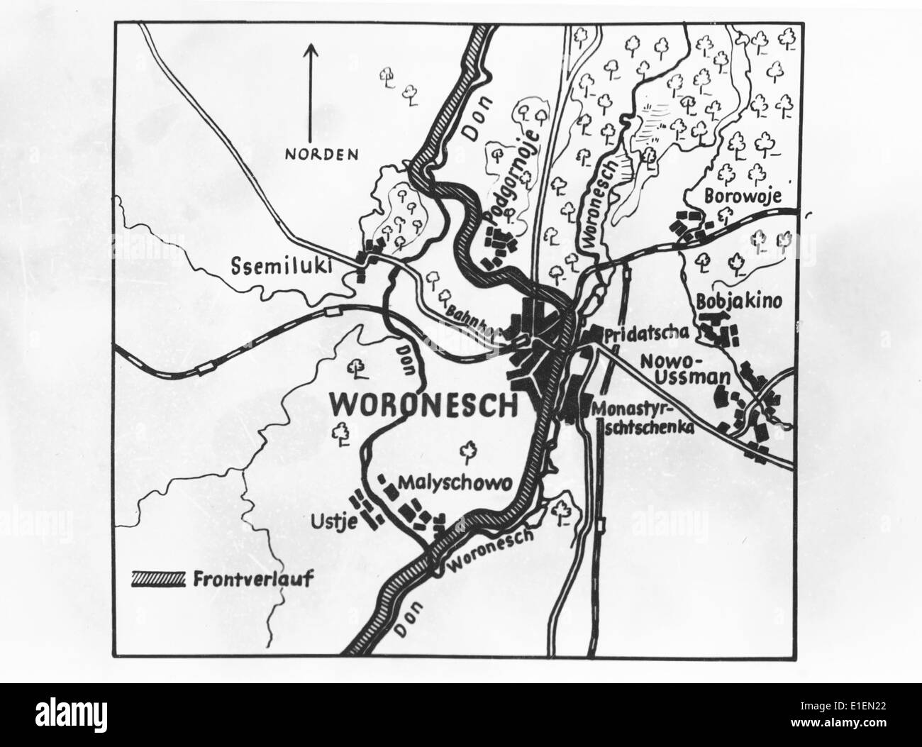 Propaganda text! from Nazi news reporting on the back of the picture: 'The front line in the bridge head East of the Don River around Voronezh. The High Command of the Wehrmacht has published this map of the front line near Voronezh. ' Picture from the Eastern Front/Russia, published on 22 July 1942. (Flaws in quality due to the historic picture copy) Fotoarchiv für Zeitgeschichtee - NO WIRE SERVICE – Stock Photo