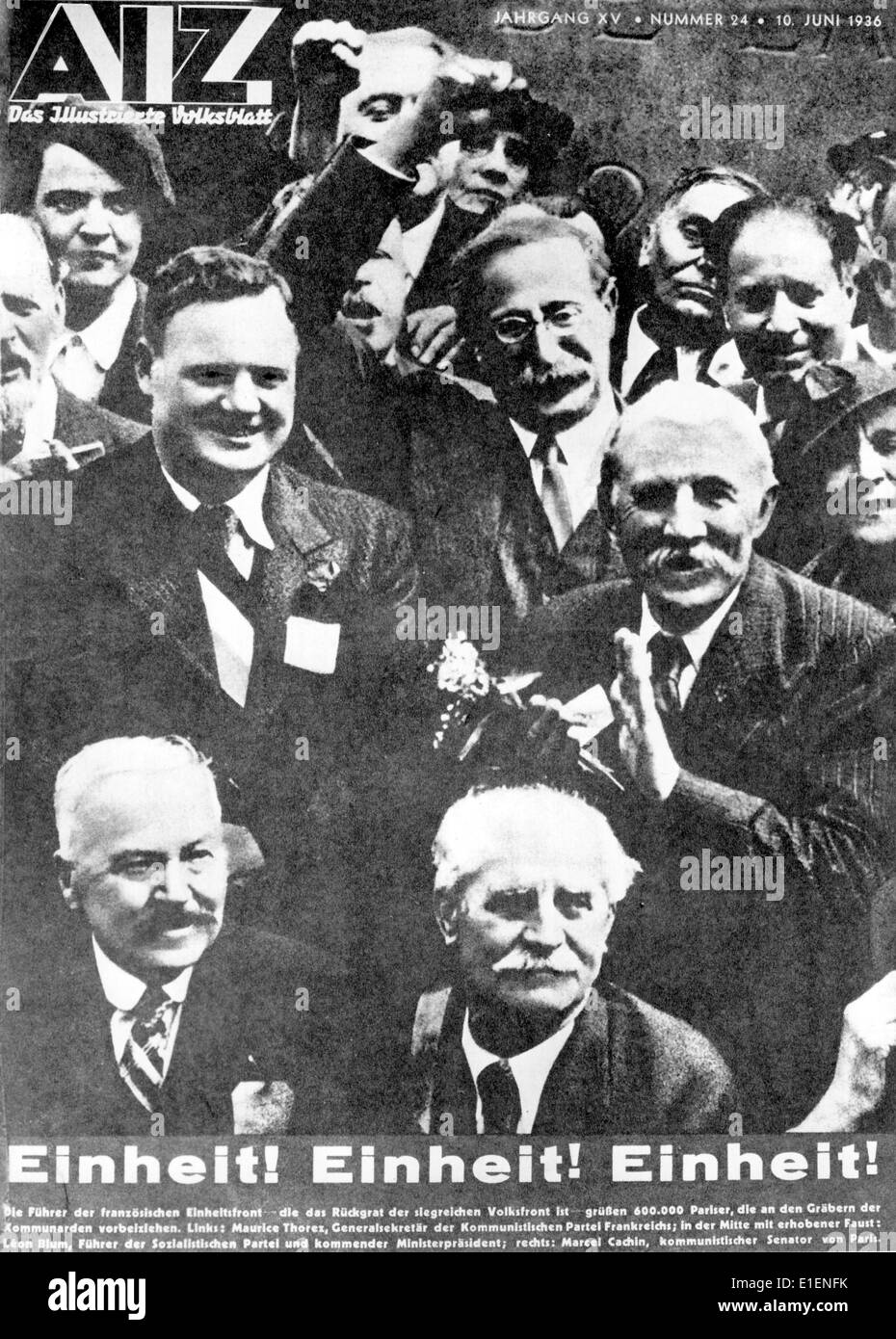 The title page of the AIZ (Workers' illustrated newspaper) from 10 June 1936 shows secretary general of the French Communist Party ((Parti communiste francais/PCF), Maurice Thorez (2nd row-L), leader of the Socialist party (Section francaise de l Internationale ouvrière, SFIO) and the first Socialist French prime minister after the 1936 elections, Leon Blum (2nd row with raised fist) and the communist senator of Paris, Marcel Cachin (2nd row-R) as leader of the Front populaire, the union of French left-wing parties. Fotoarchiv für Zeitgeschichtee - NO WIRE SERVICE Stock Photo