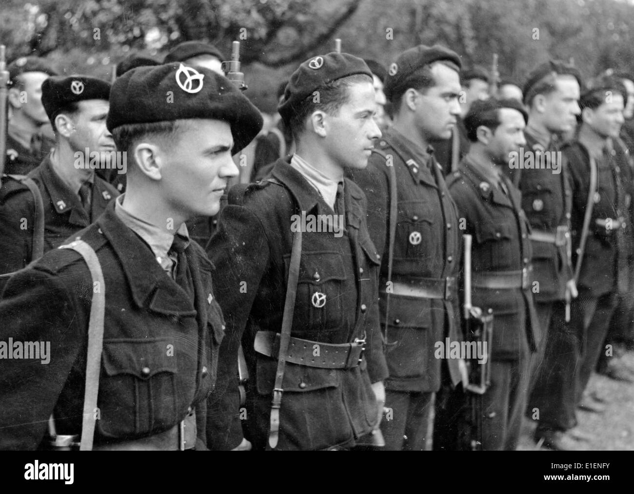 Soldiers from the French Militia stand during training to support the German army in Ploermel, June 1944. The Fench Militia was used mainly to combat the French resistance starting in January 1944. Fotoarchiv für Zeitgeschichtee - NO WIRE SERVICE Stock Photo