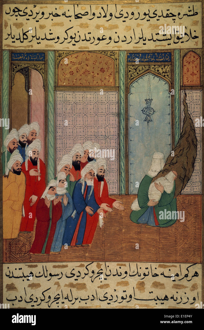 Muhammad (c. 570-632), newborn on his mother's arms, shows to his grandfather Abd al-Muttalib and other inhabitants of Mecca. Stock Photo