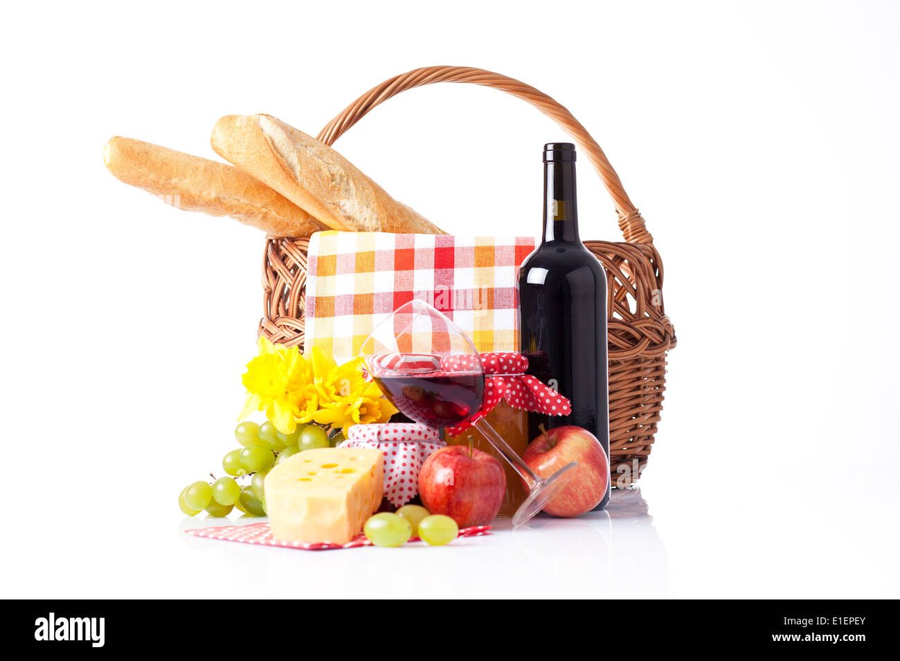 picnic basket with wine, fruit and bread Stock Photo - Alamy