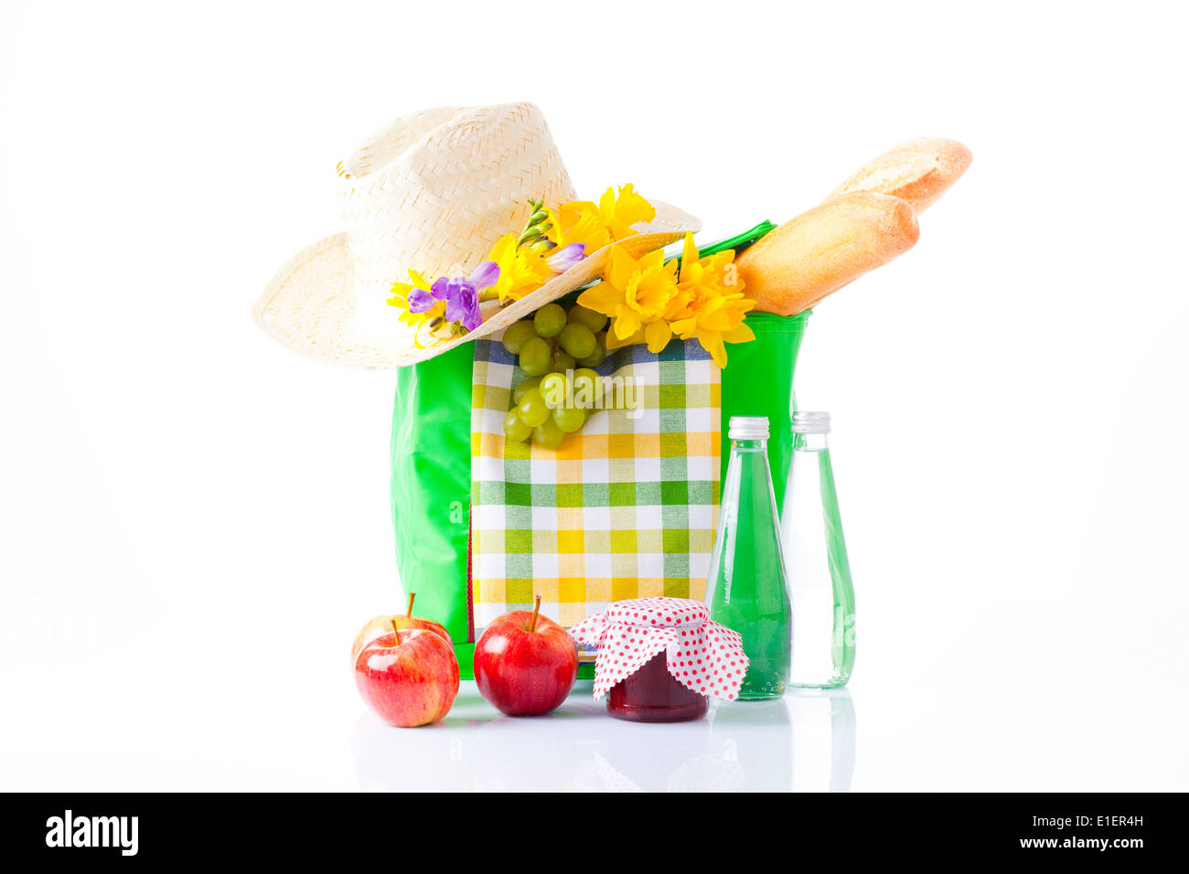 picnic basket with wine, fruit and bread Stock Photo - Alamy