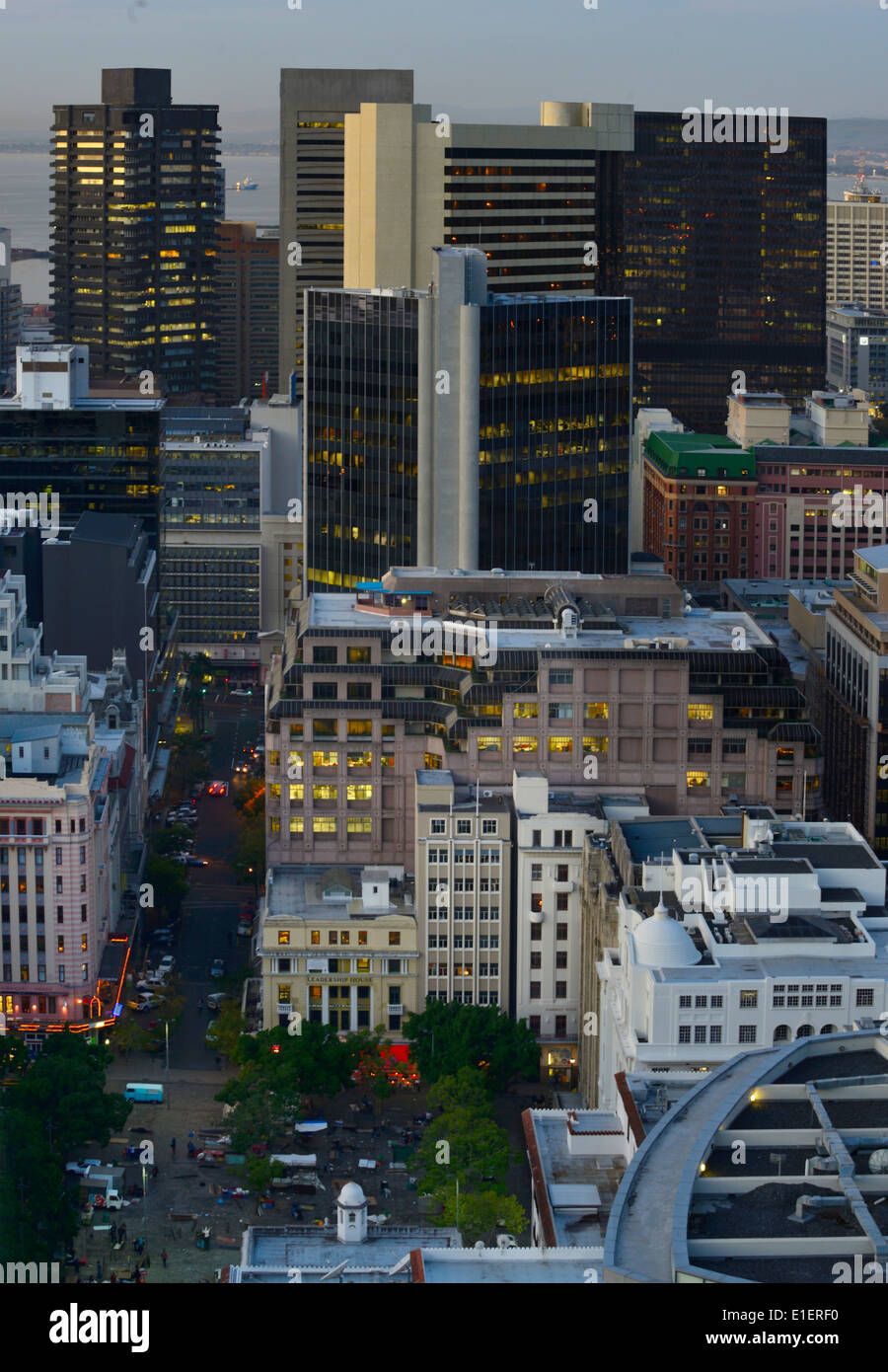 Cape Town's Central Business District, from an elevated viewpoint looking North towards Table Bay. Stock Photo
