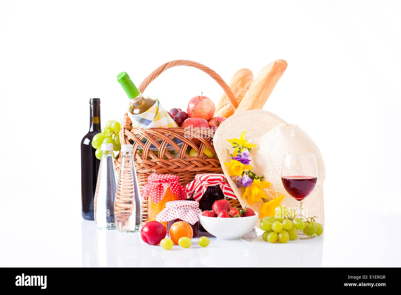 picnic basket with wine, fruit and bread Stock Photo - Alamy