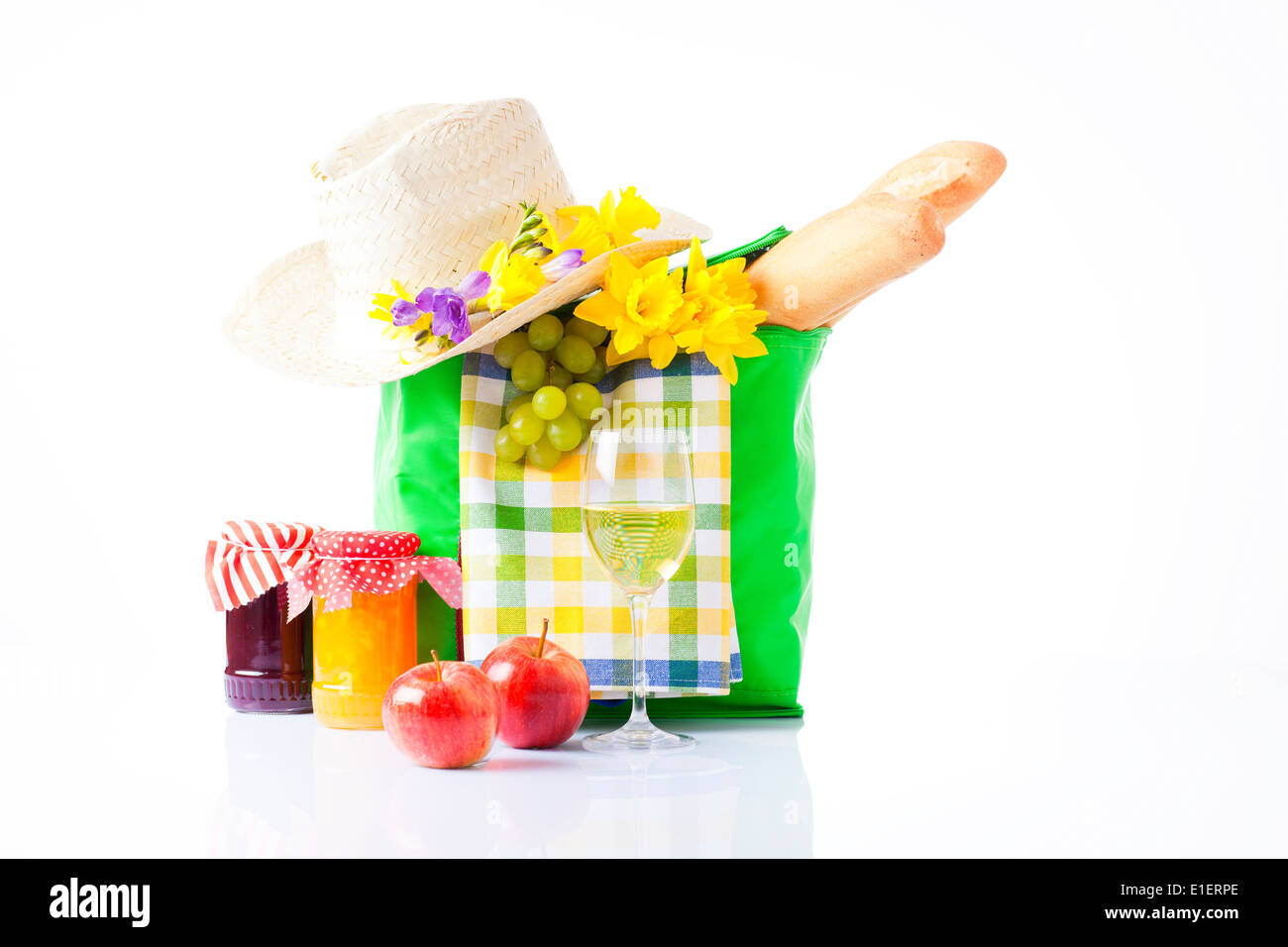 picnic basket with wine, fruit and bread Stock Photo - Alamy