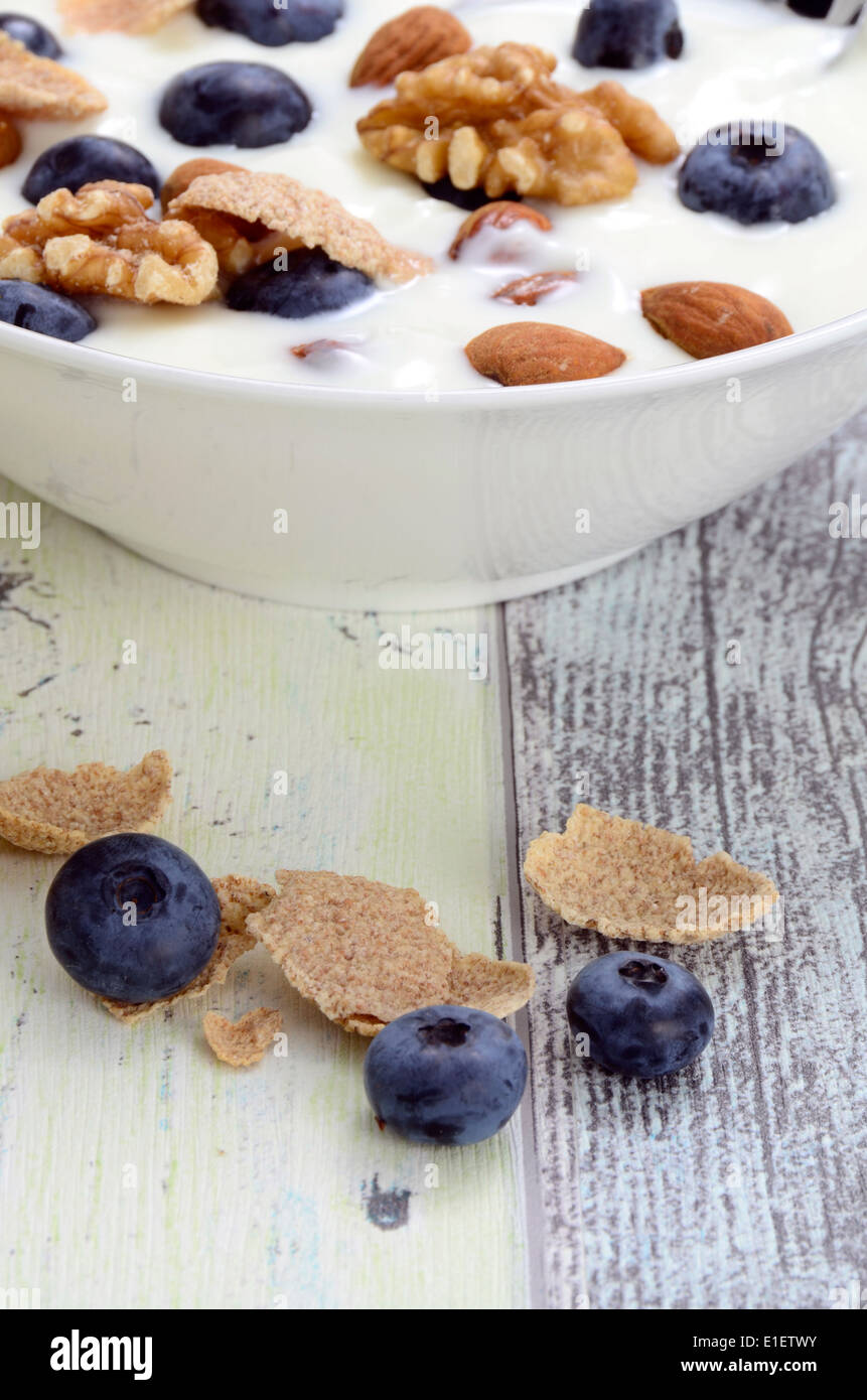 Fresh yogurt with cereals and blueberries in a bowl Stock Photo