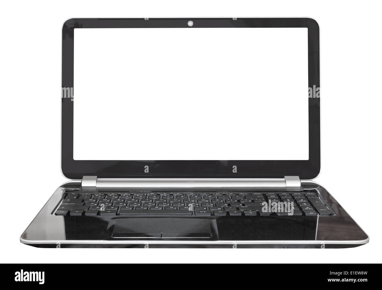 front view of black laptop with cut out screen isolated on white background Stock Photo