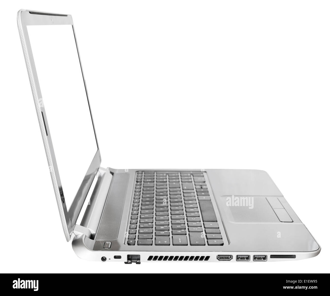 side view of laptop with cut out screen isolated on white background Stock Photo