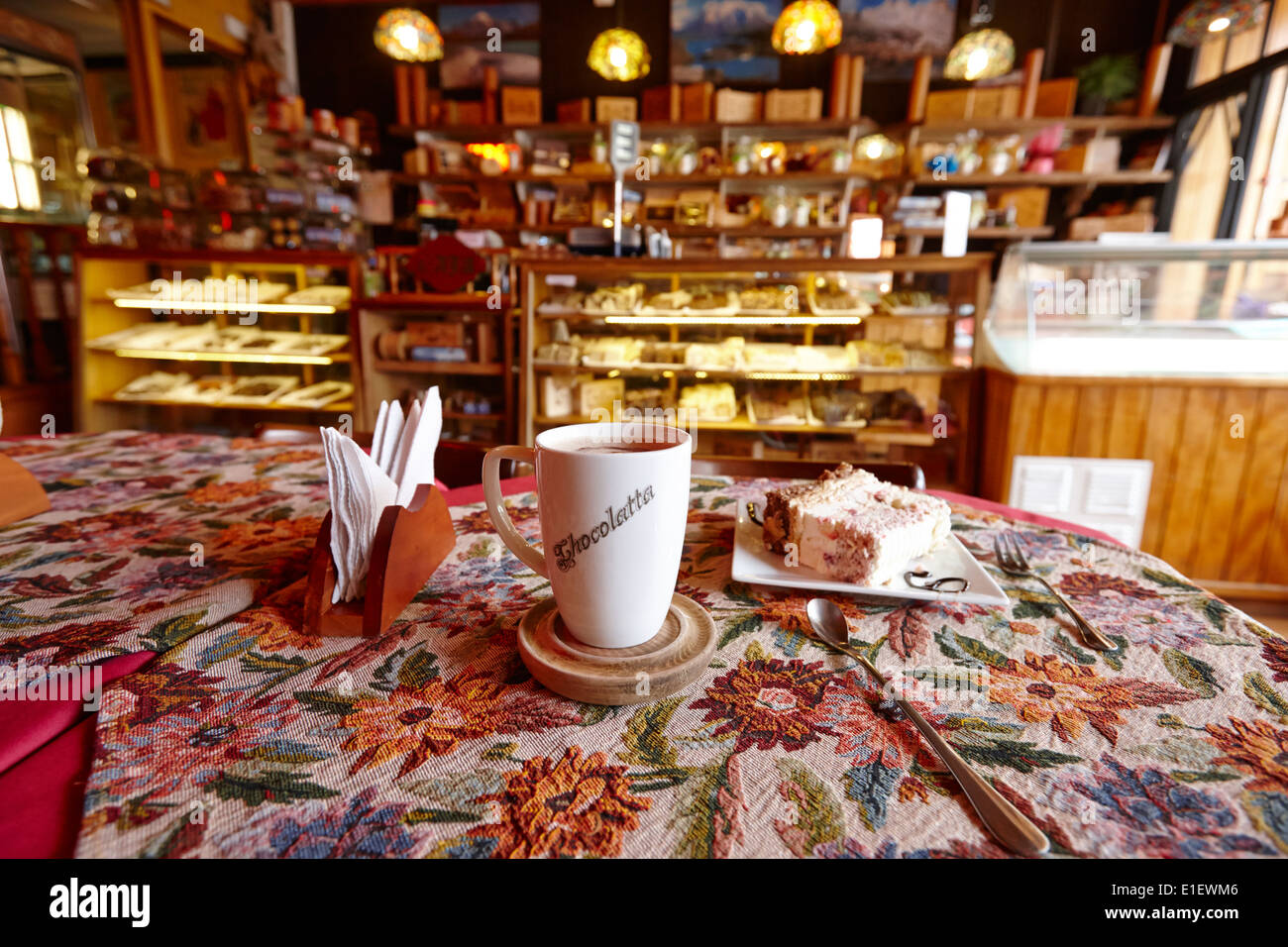 hot chocolate in la chocolatta chocolate coffee shop and cafe Punta Arenas Chile Stock Photo