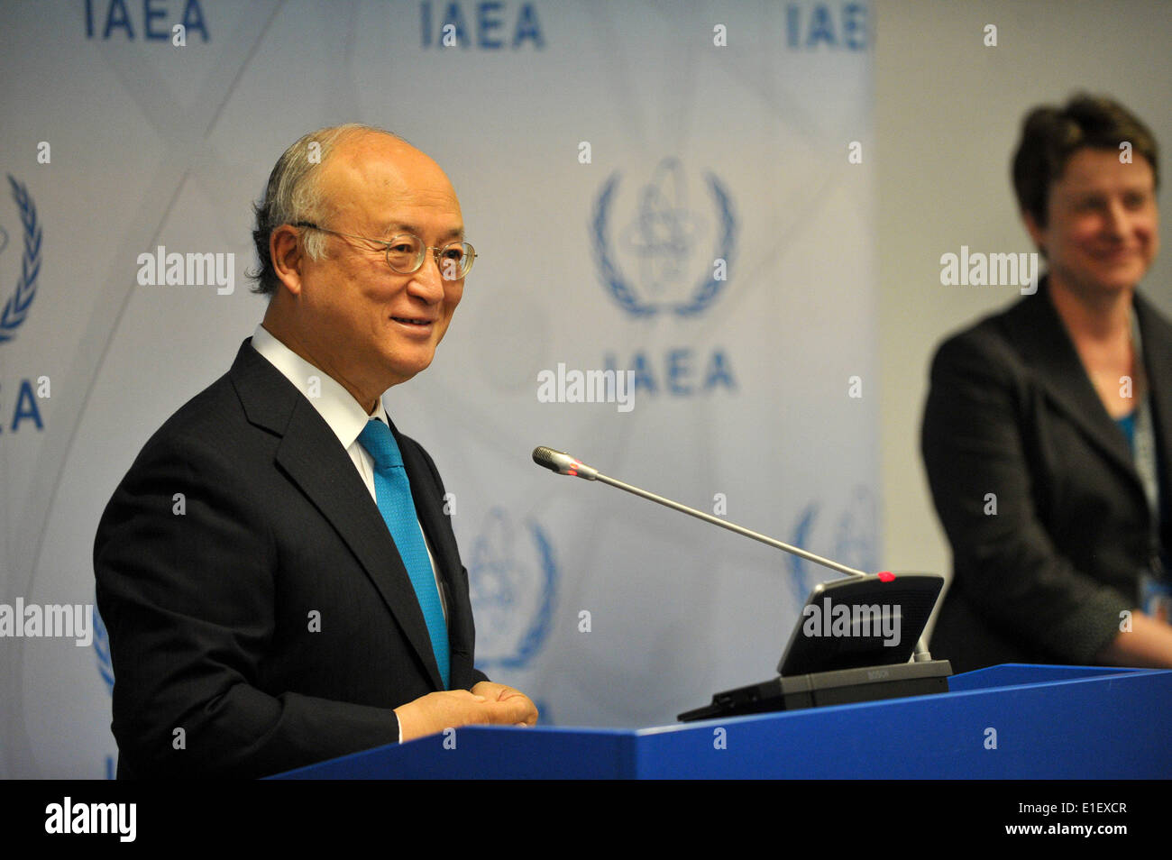 Vienna, Austria. 2nd June, 2014. Yukiya Amano, director general of the International Atomic Energy Agency (IAEA) attends a press conference after an IAEA's board meeting in Vienna, Austria, June 2, 2014. The United Nations nuclear watchdog will take time before pronouncing its assessment on Tehran's disputed nuclear program, the chief said on Monday. © Qian Yi/Xinhua/Alamy Live News Stock Photo