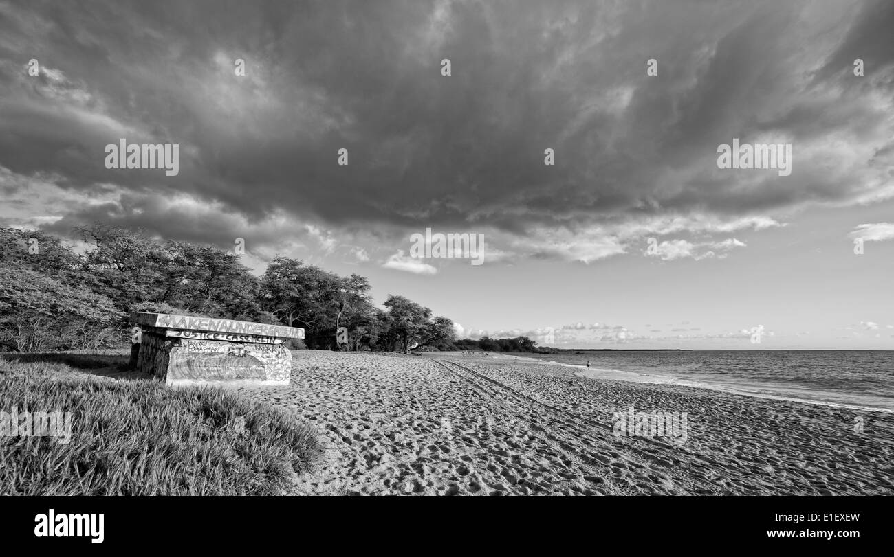 Black and white photograph of Big Beach on the tropical island of Maui ...