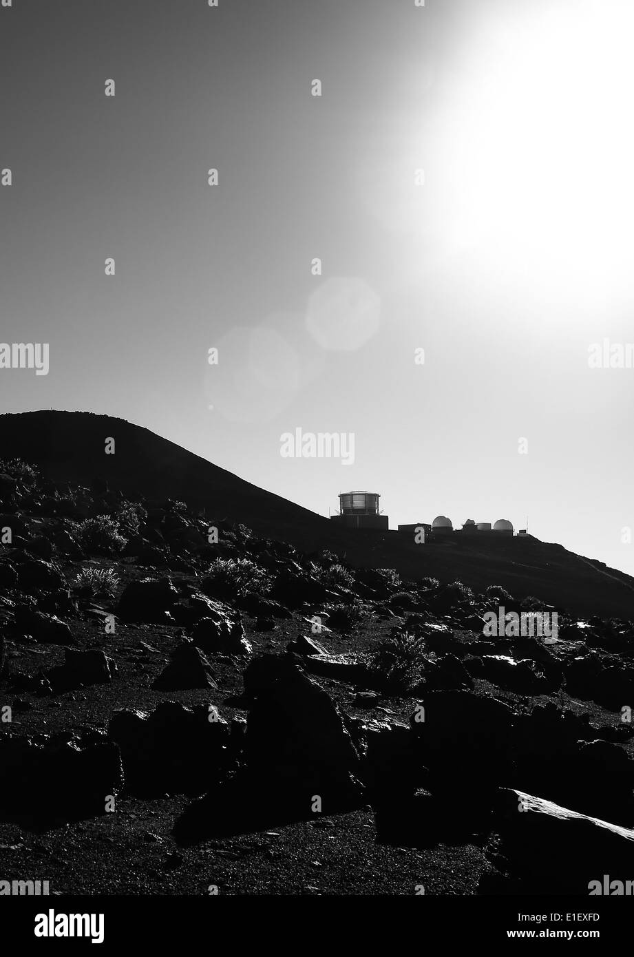 Science City. Black and white image of the observatory on top of the Haleakala volcano on the