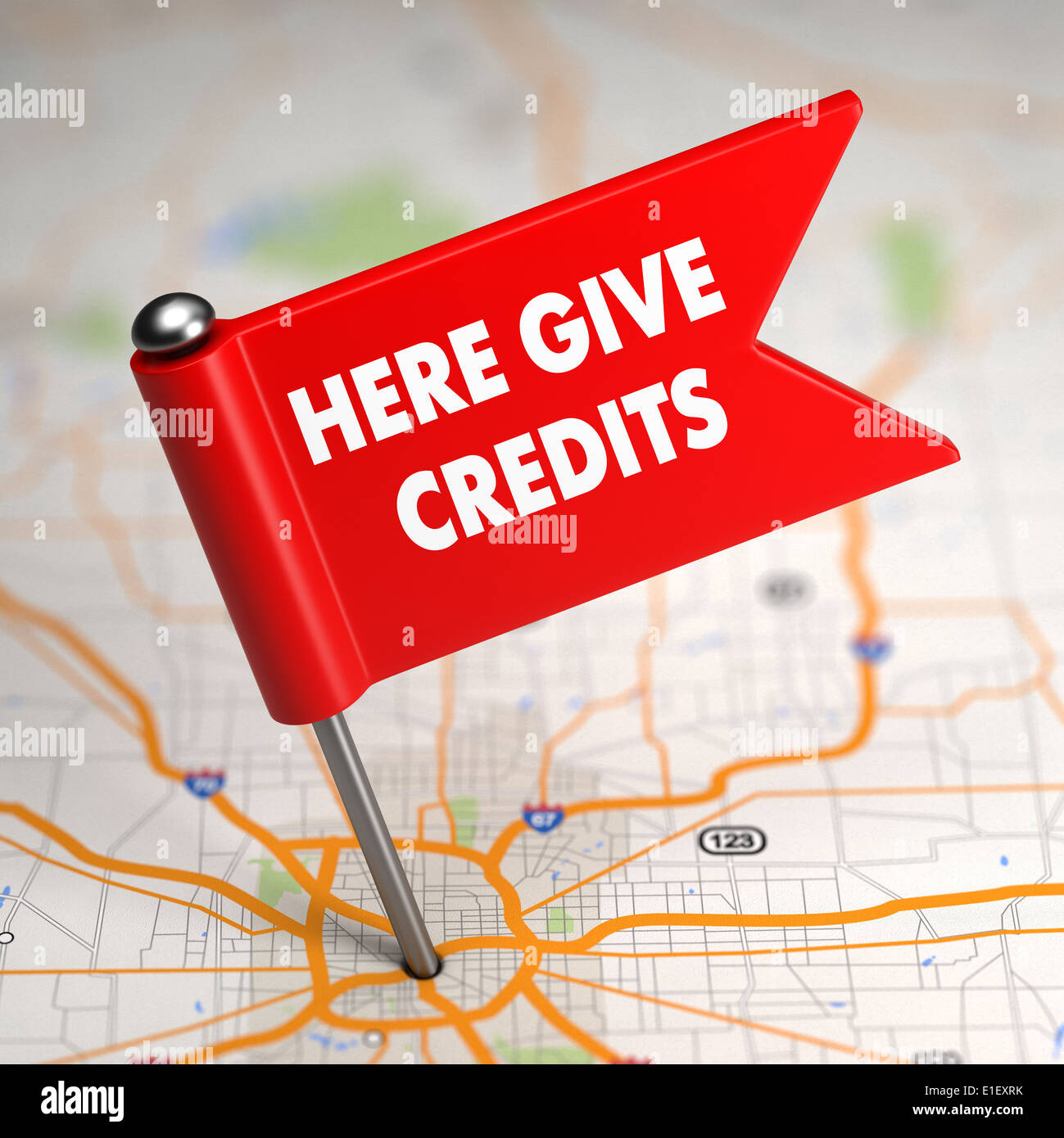Here Give Credits Concept Small Flag on a Map Background with