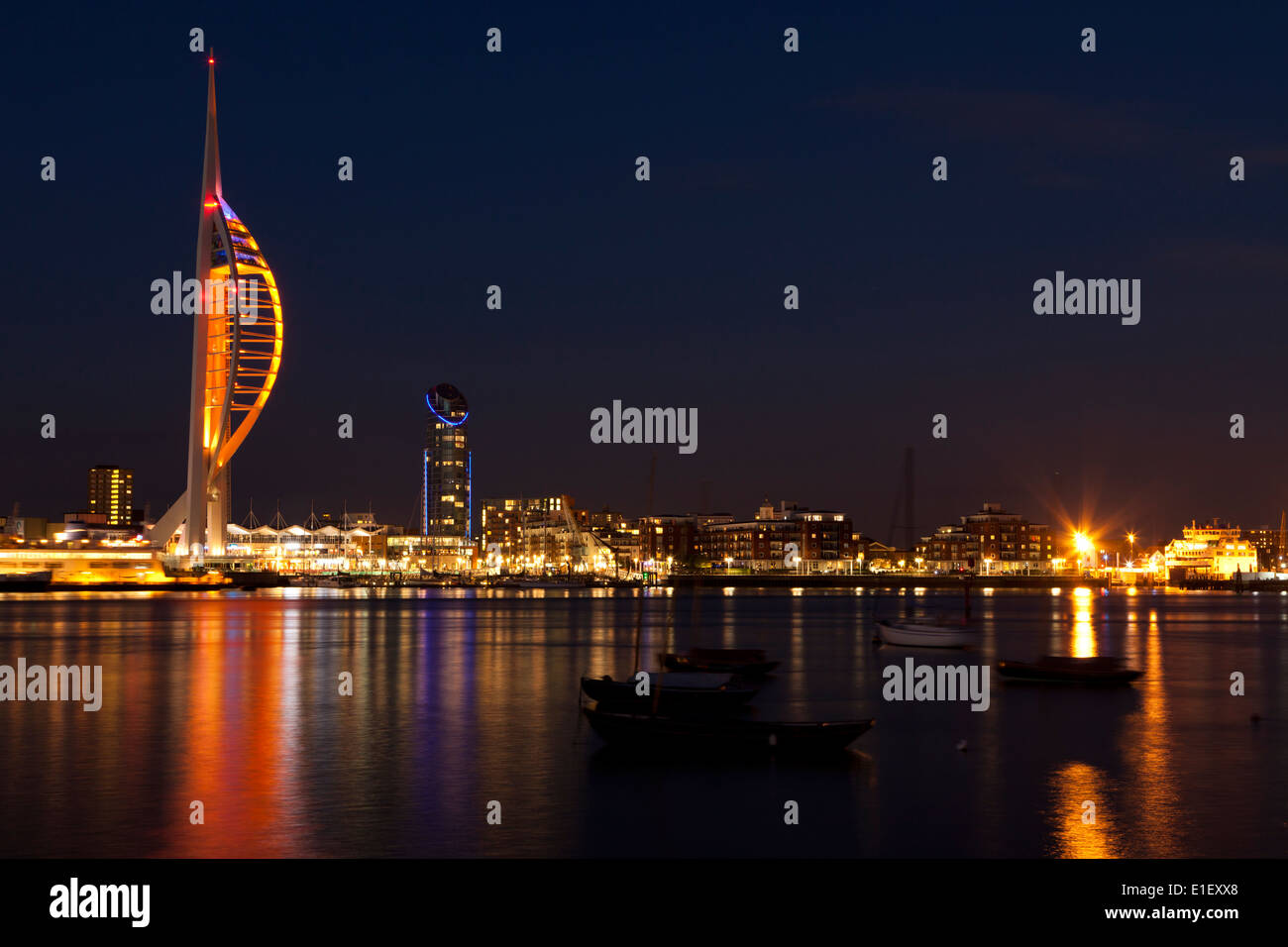 Waterfront with Spinnaker Tower at night, Portsmouth, Hampshire, UK Stock Photo