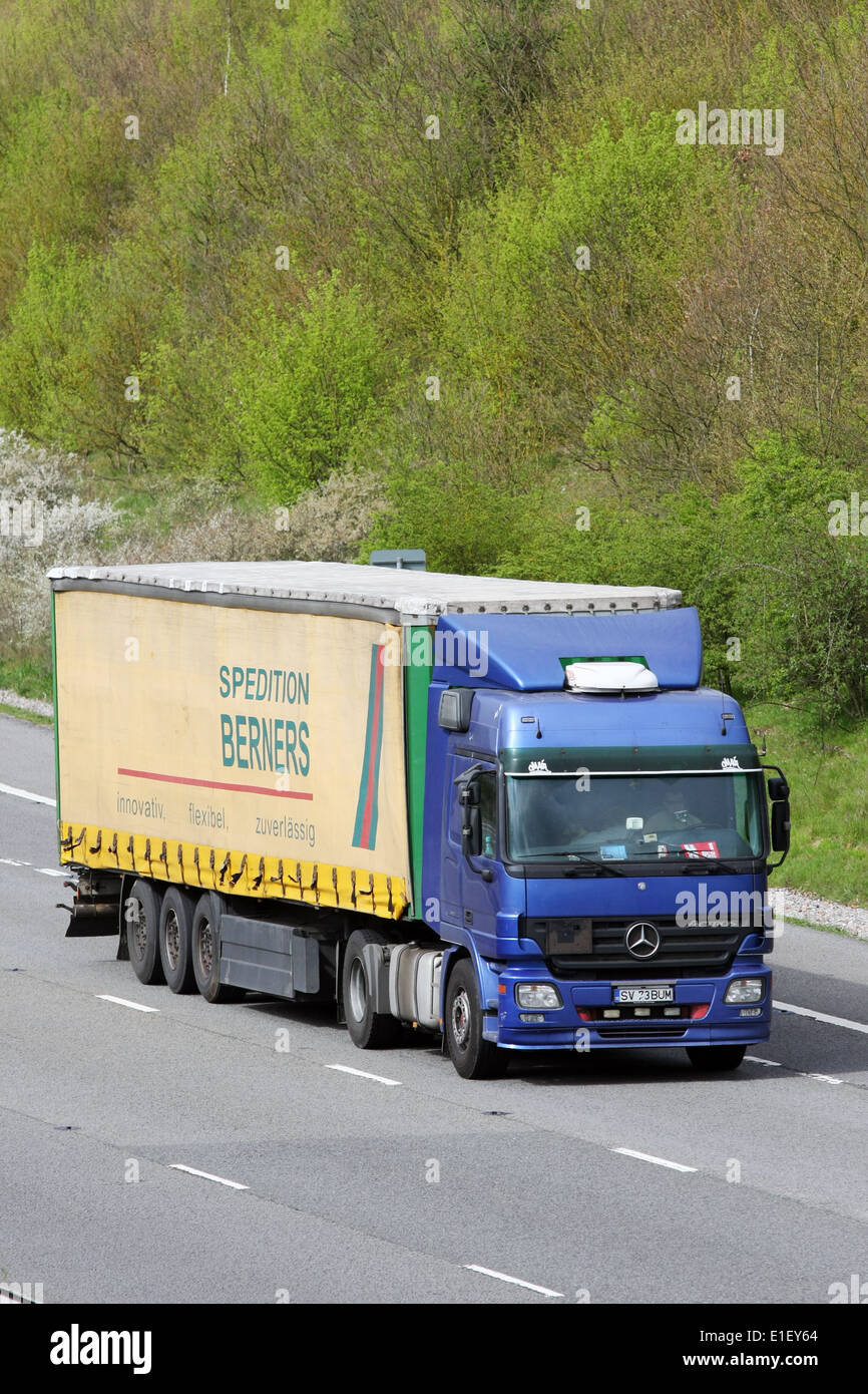 A German Spedition Berners truck traveling along the M20 motorway in Kent, England Stock Photo