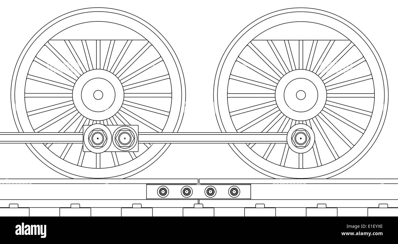 A pair of connected steam train driving wheels isolated on white Stock