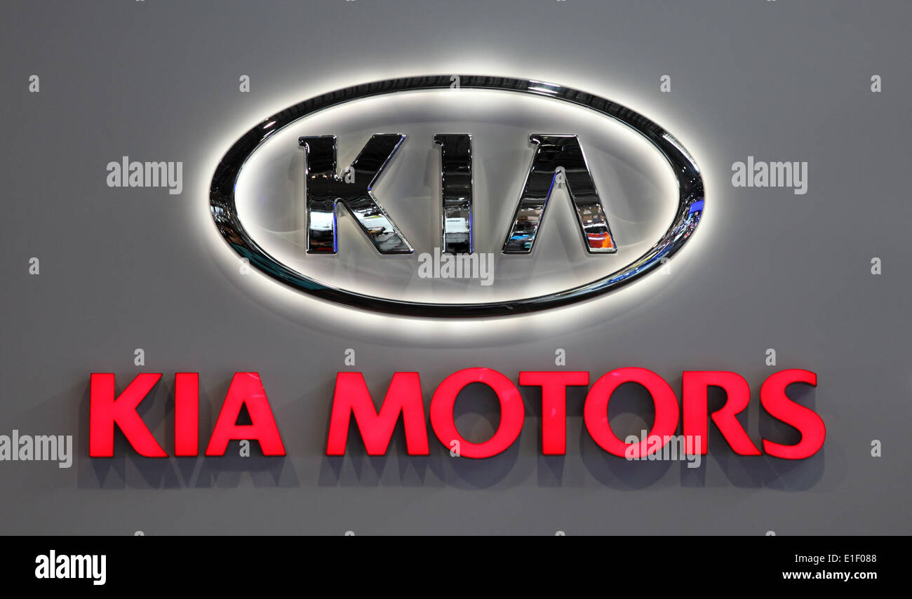 KIA MOTORS Logo at the AMI - Auto Mobile International Trade Fair on June 1st, 2014 in Leipzig, Germany Stock Photo