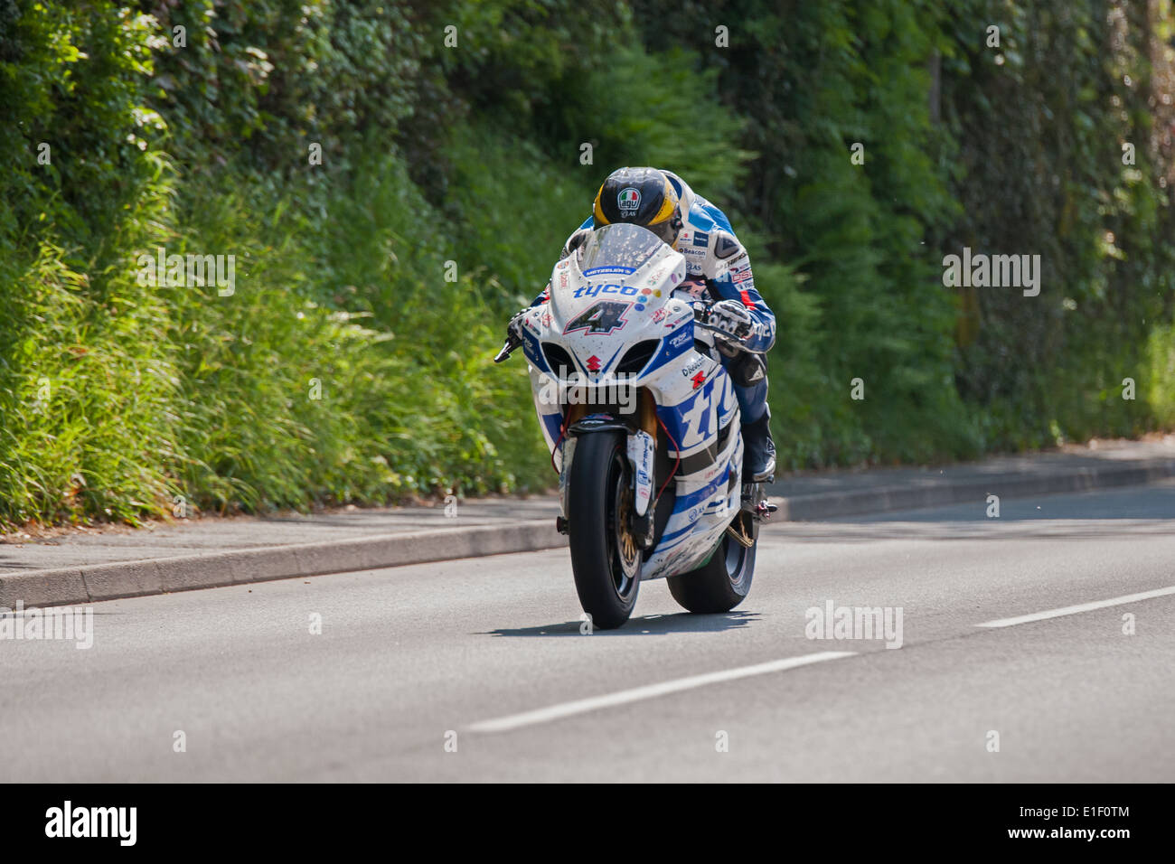 Guy Martinon the Tyco Suzuki during the 2014 Isle of Man TT Superbike race, 31/05/14. Stock Photo