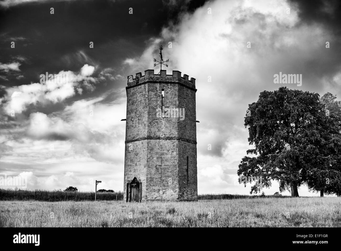 Wroxton Dovecote. Gothic style folly. Wroxton, Oxfordshire, England. Monochrome Stock Photo