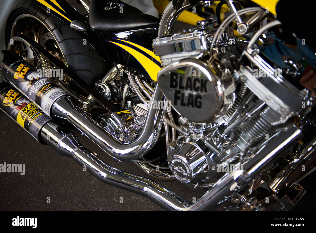 'Black Flag' Custom Built Motorcycle from 'Orange County Choppers' on display at the 2014 Coca-Cola 600 Nascar Race. Stock Photo