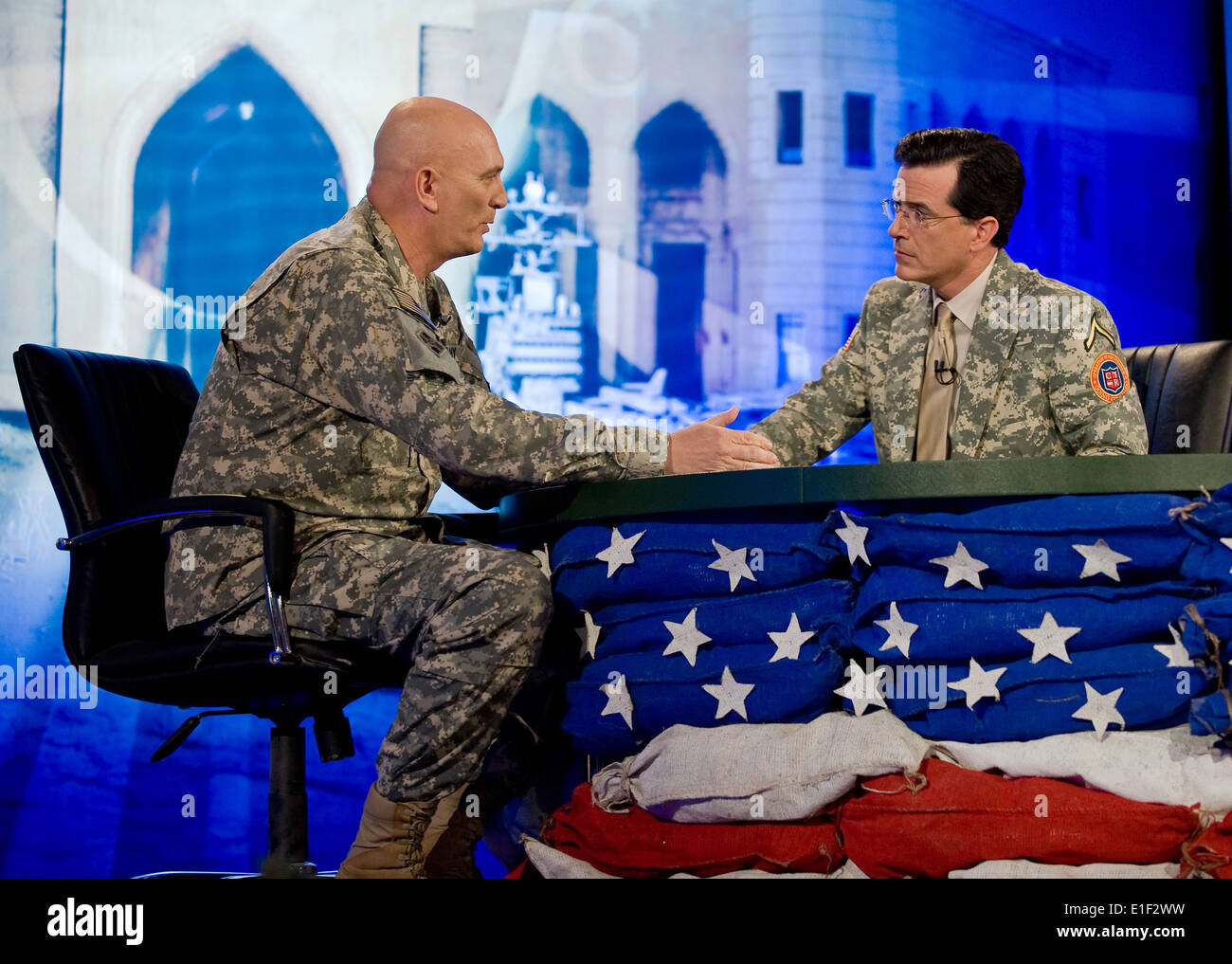Television star Stephen Colbert interviews Commanding General of the Multi-National Force-Iraq, US Army General Ray Odierno, during broadcast from the Al Faw Palace June 7, 2009 in Baghdad, Iraq. Stock Photo
