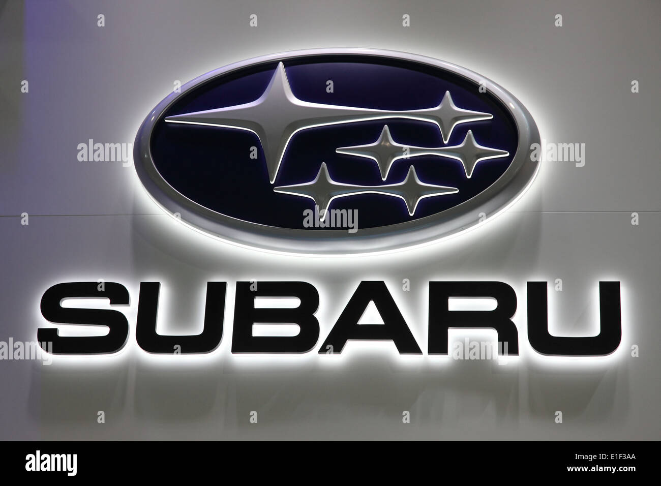 Subaru Company Logo at the AMI - Auto Mobile International Trade Fair on June 1st, 2014 in Leipzig, Germany Stock Photo