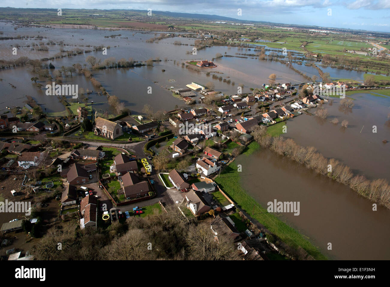Aerial view of the flooded village of Moorland on the Somerset levels
