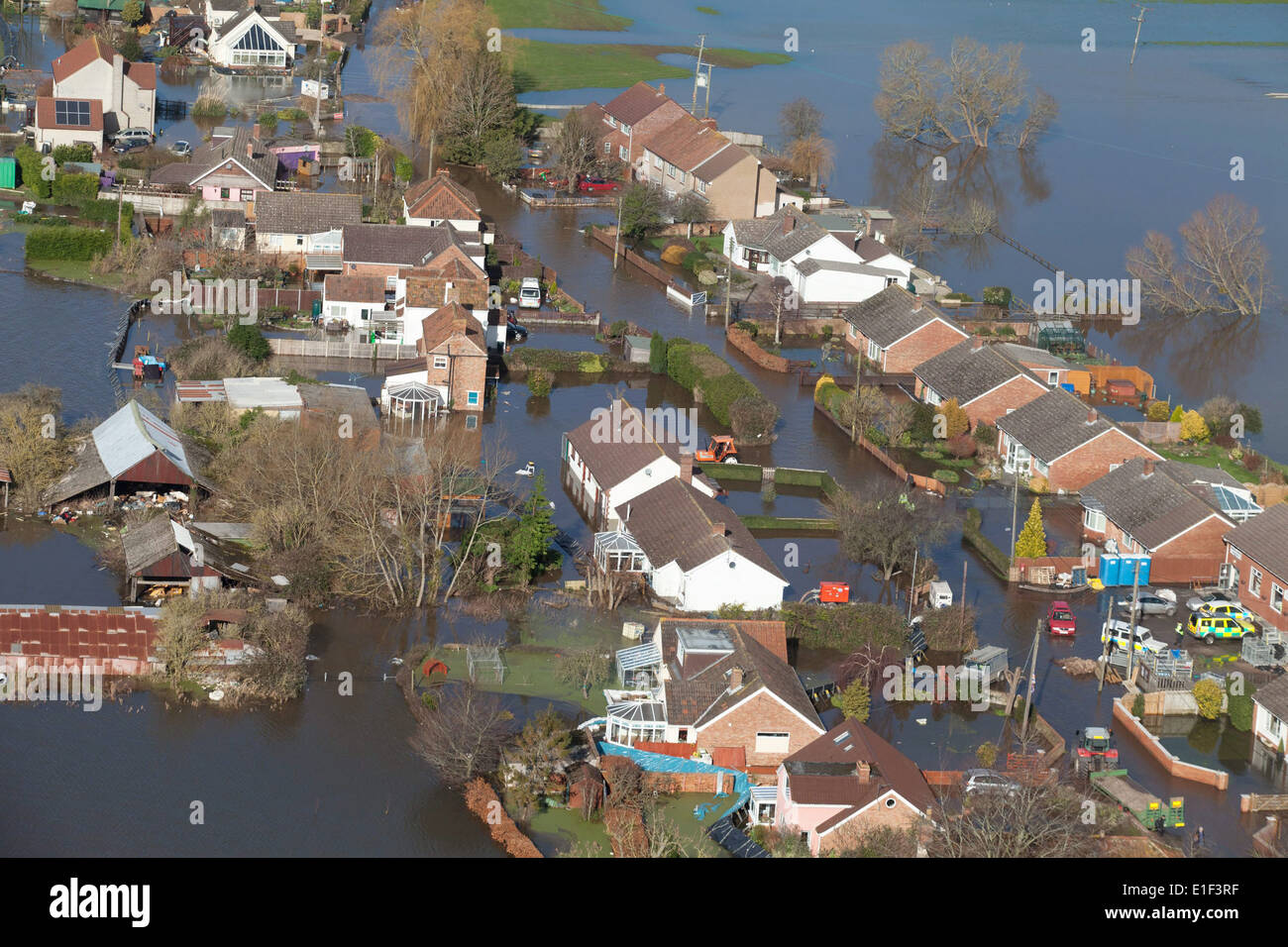Aerial view of the flooded village of Moorland on the Somerset levels