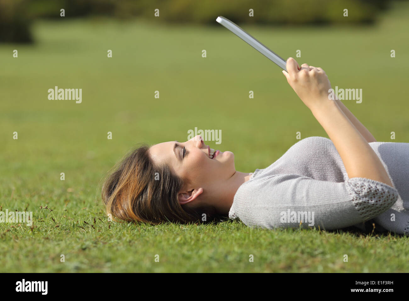 Profile of a happy woman reading a tablet reader on the grass of a park Stock Photo