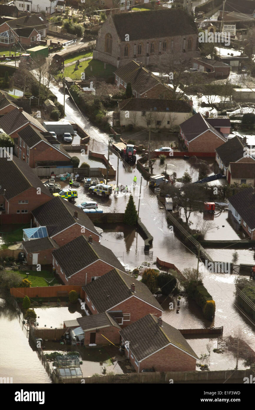 Aerial view of the flooded village of Moorland on the Somerset levels