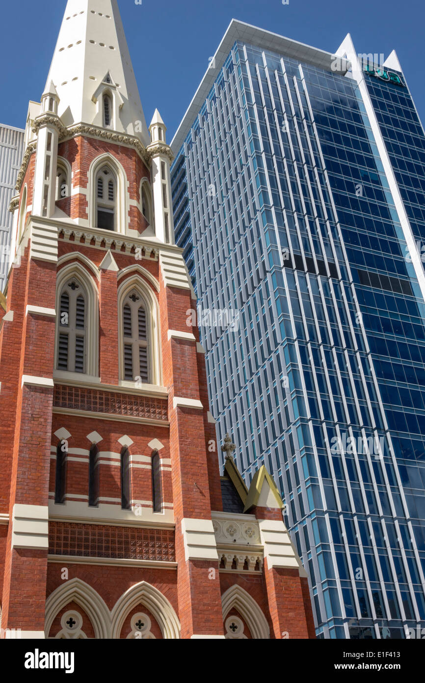 Brisbane Australia,Albert Street Congregation,church,steeple,Uniting Church,Christian,skyscraper,CUA office building,modern,Ann Street,AU140313098 Stock Photo