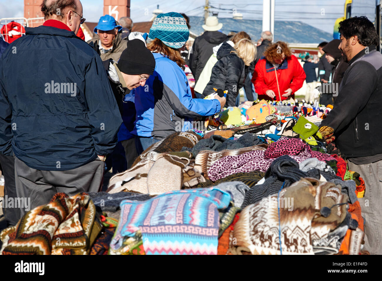 tourists at handicrafts stall at la cruz viewpoint in Punta Arenas Chile Stock Photo