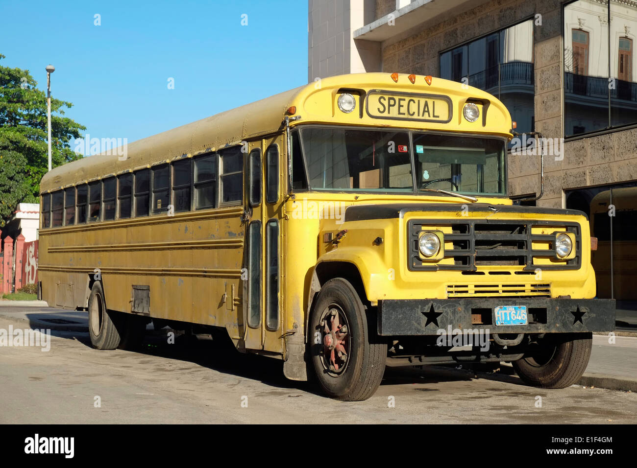 An American-style school bus in Old Havana, Cuba. Stock Photo