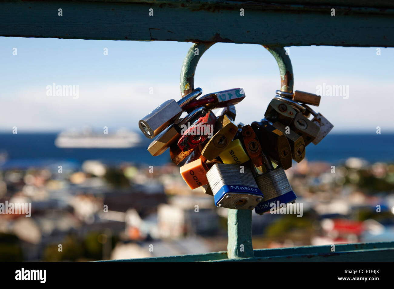 love locks looking down over the city from la cruz viewpoint in Punta Arenas Chile Stock Photo