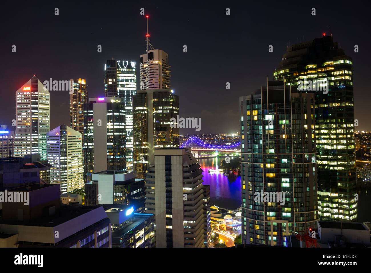 Brisbane Australia,skyscrapers,city skyline,office buildings,night evening Story Bridge,Brisbane River,AU140313169 Stock Photo