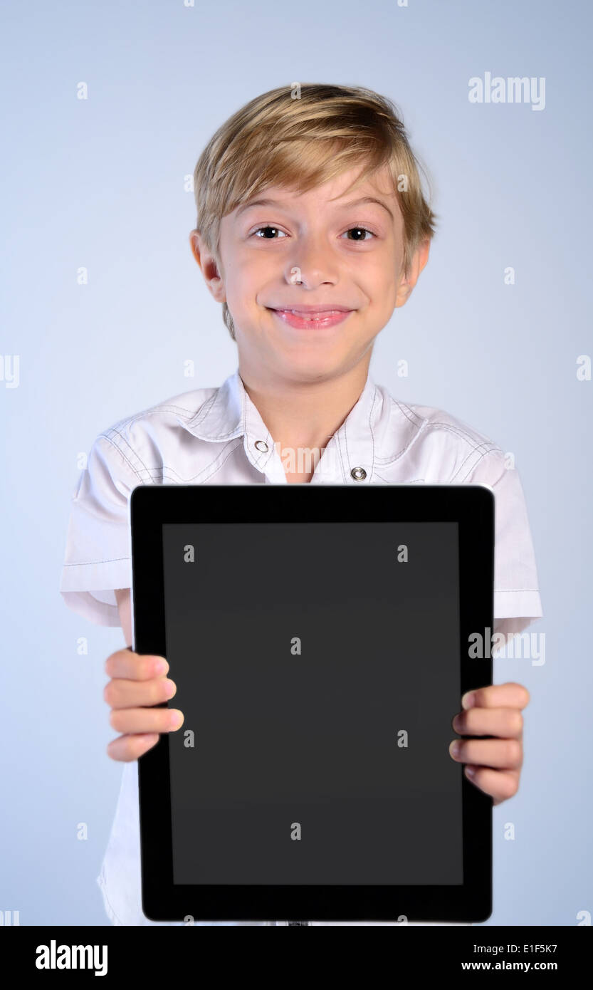 background boy child space empty copy promote childhood blue camera communication computer concept cute device digital display Stock Photo