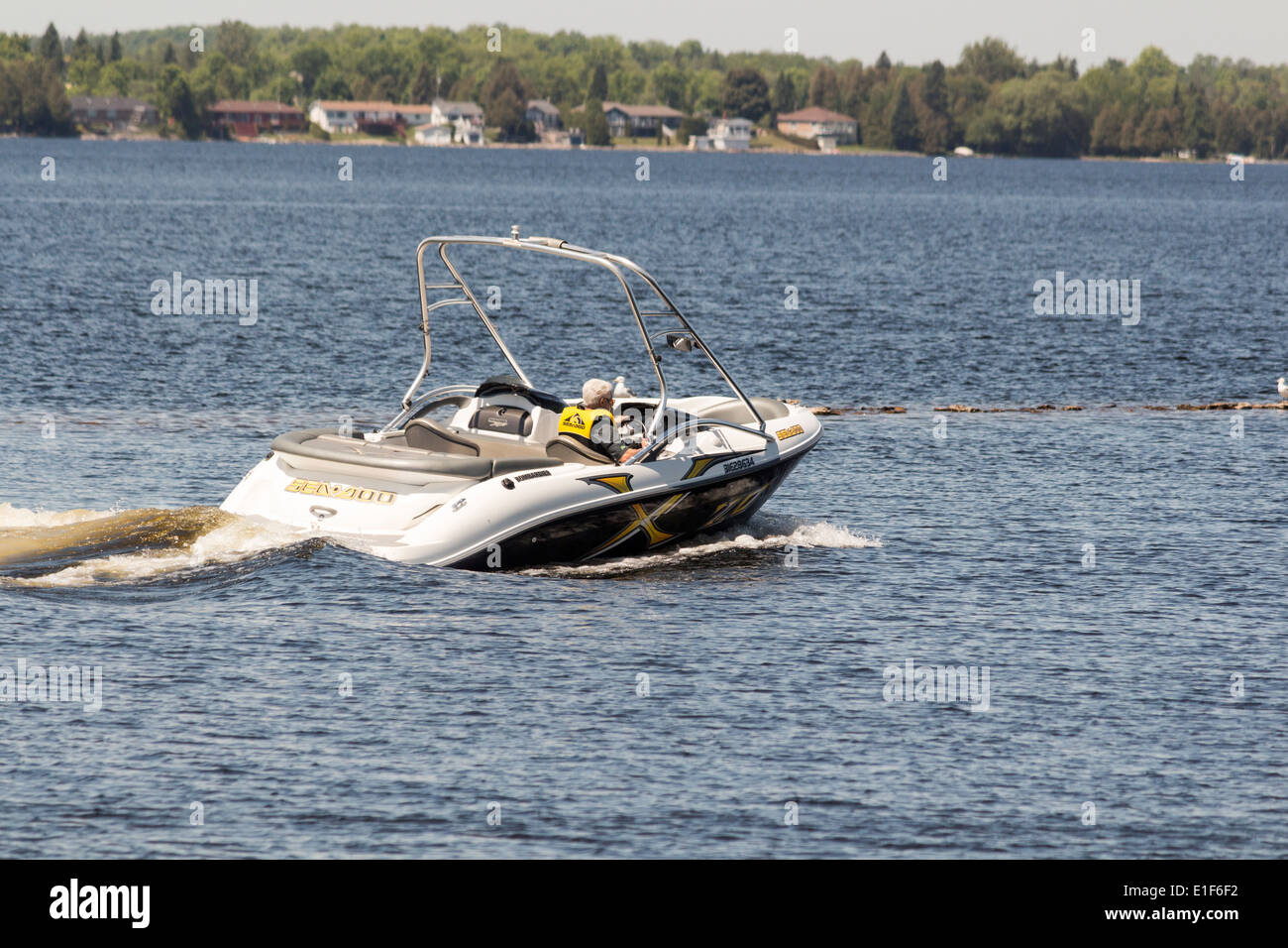 Man in Sea Doo motor boats traveling at medium speed through the blue water. Stock Photo