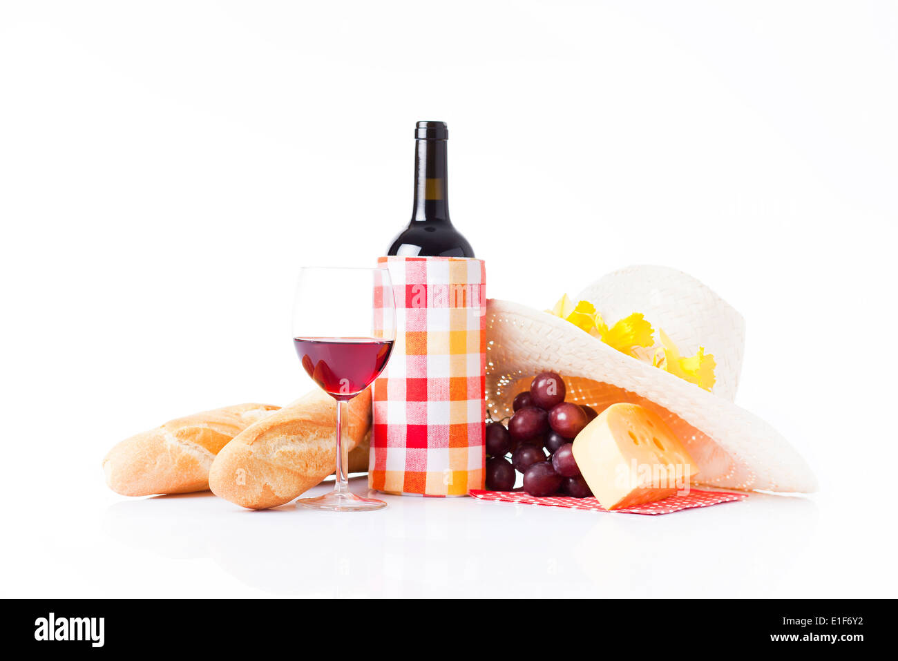 picnic basket with wine, fruit and bread Stock Photo - Alamy