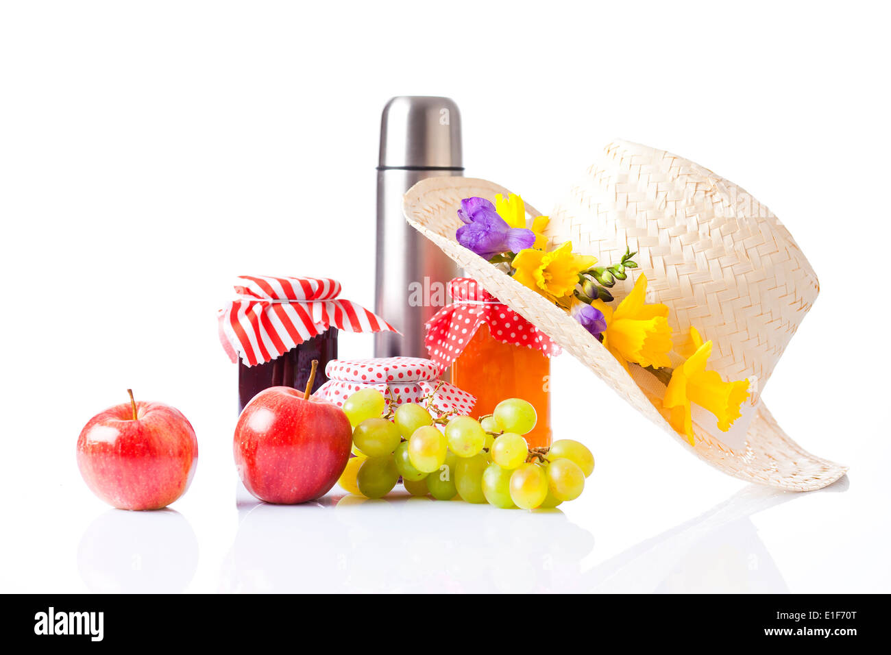 picnic basket with wine, fruit and bread Stock Photo - Alamy