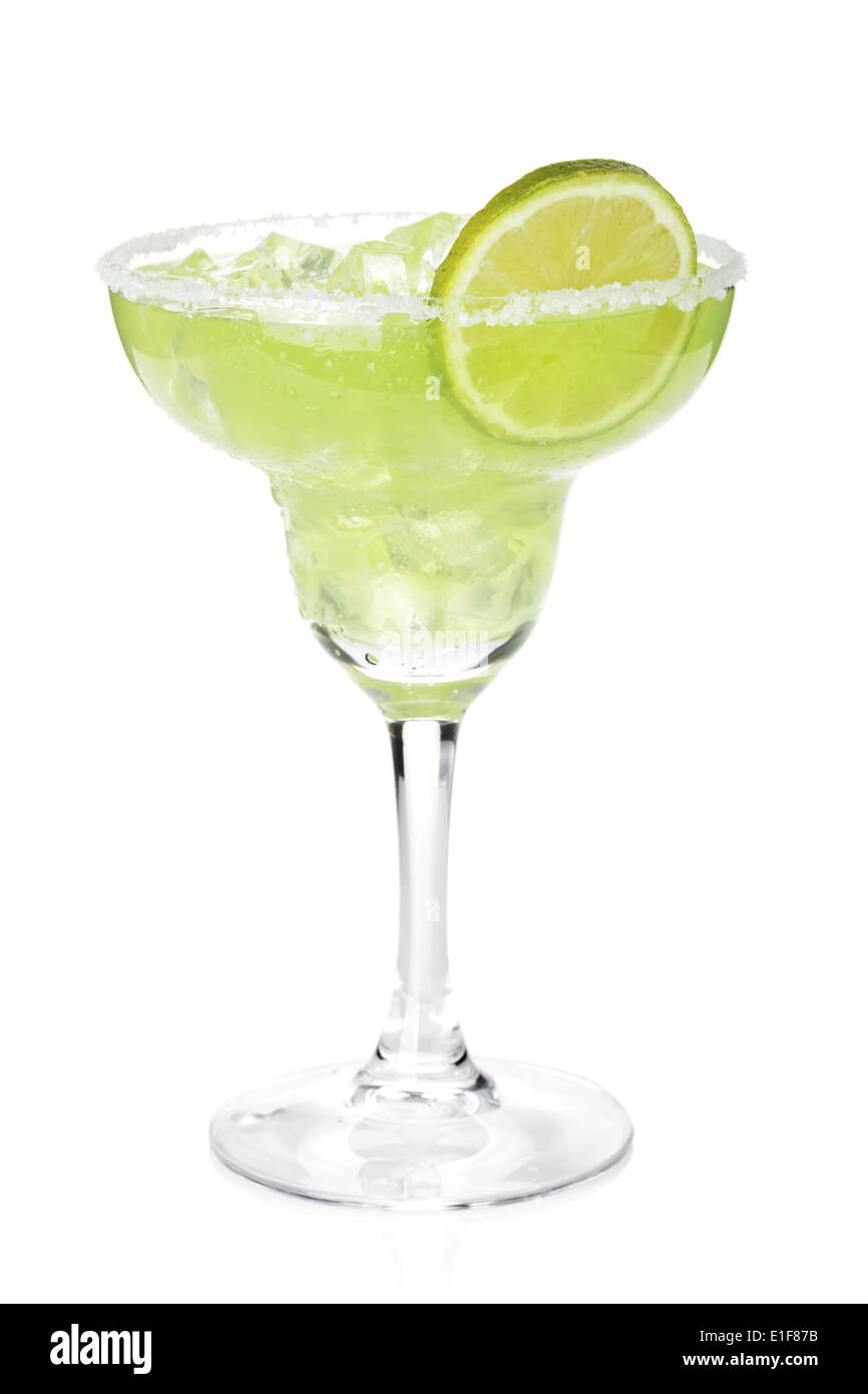 Classic margarita cocktail with lime slice and salty rim. Isolated on ...