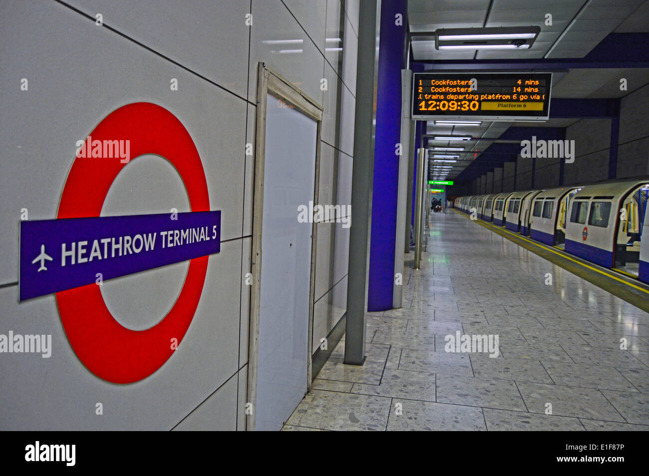 Heathrow Terminal 5 Underground Station showing roundel, Heathrow Stock